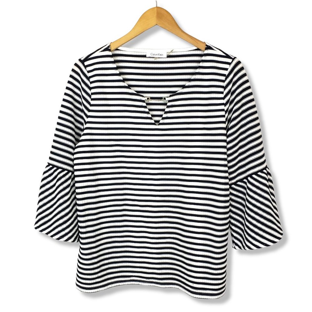 Calvin Klein White and Black Striped Semi-sheer Blouse Size Large
